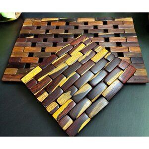 Wood Placemat Trivet Set Rosewood Slat Tiles Flexible MCM Tiki Boho Honduras Vtg
